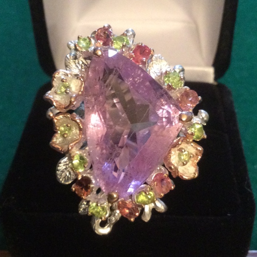 Magnificent Huge Genuine Kunzite & Tourmaline Ring, Rare Dreamscape Facet - Picture 4 of 12